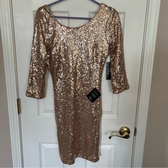 NWT Lulu's Delightful Ways Champagne Gold Sequin Dress Mini Prom Homecoming Club - Picture 1 of 15
